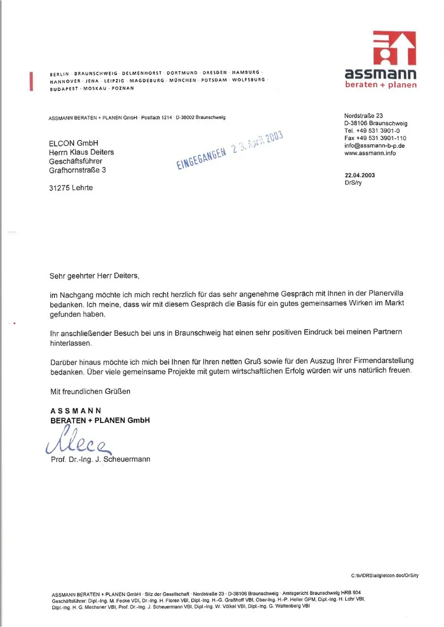 Schreiben ASSMANN BERATEN + PLANEN GmbH