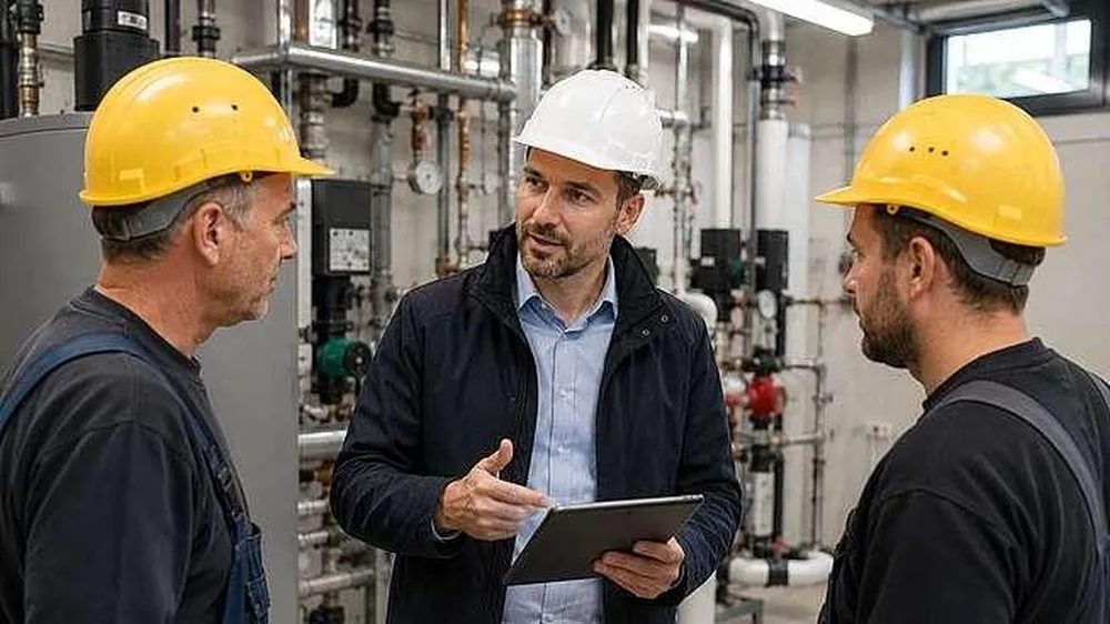 Techniker berät zwei Kollegen mit Tablet vor einer Heizungs- und Klimaanlage