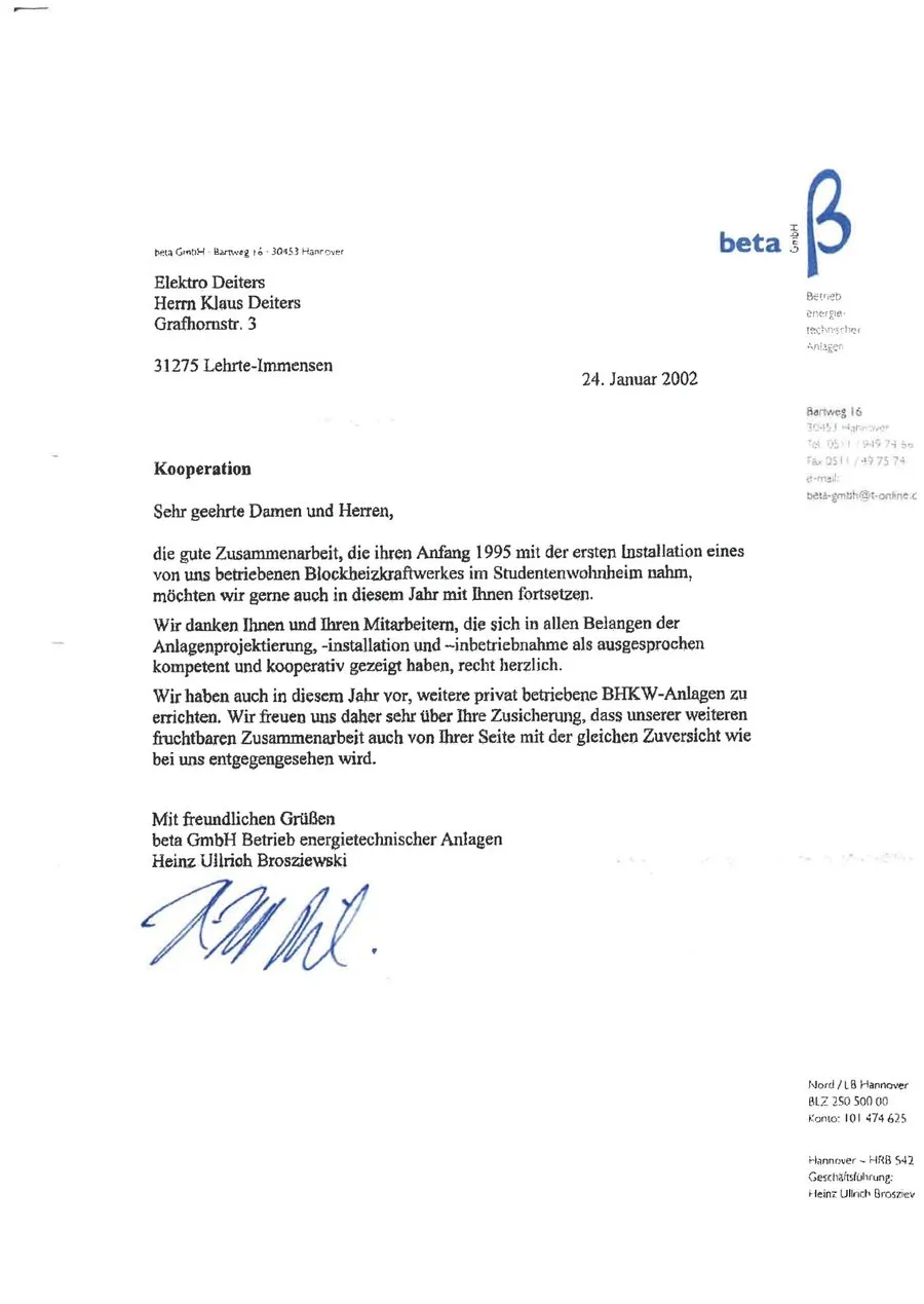 Dankschreiben beta GmbH Betrieb energietechnischer Anlagen