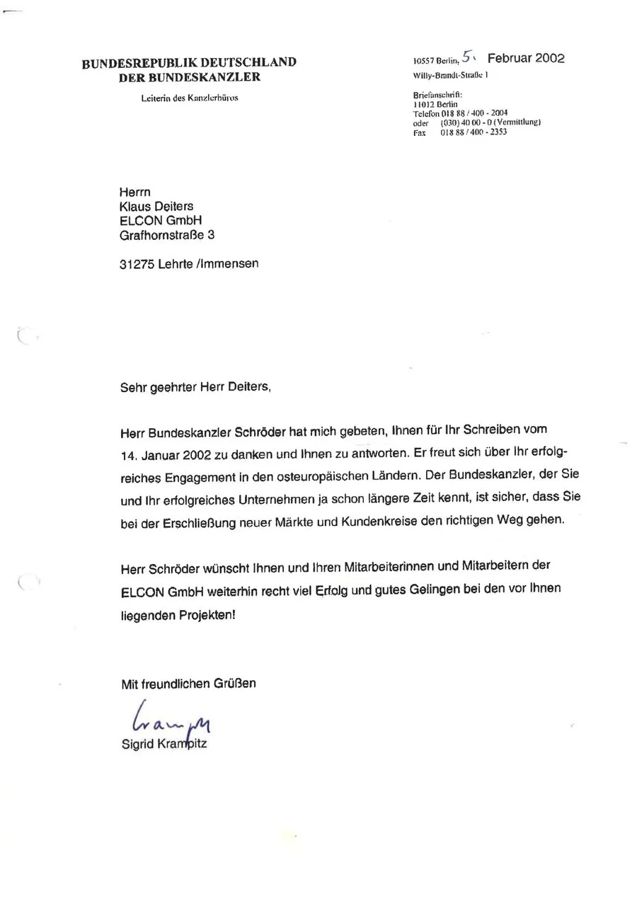 Schreiben aus dem Bundeskanzleramt im Auftrag von Bundeskanzler Schröder