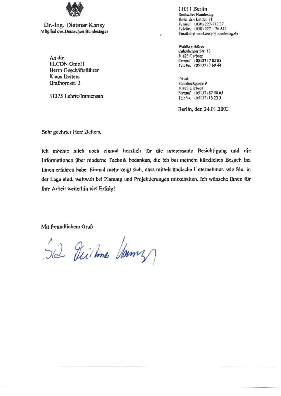 Schreiben von Dr.-Ing. Dietmar Kansy MdB, Deutscher Bundestag