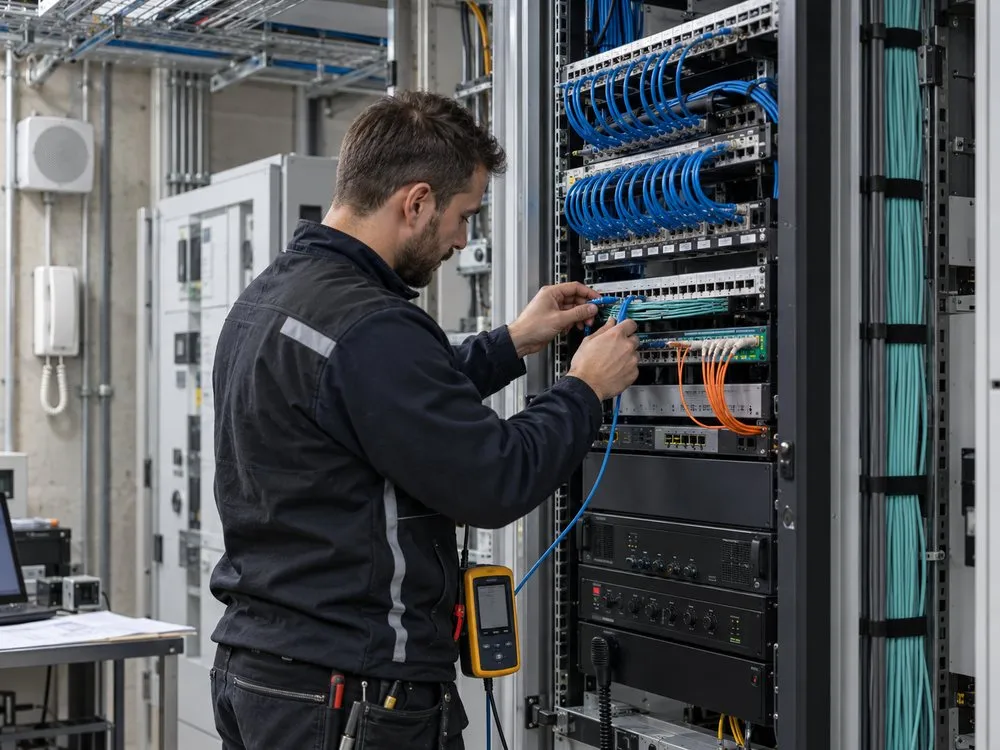 Techniker konfektioniert Netzwerk- und Kommunikationsverkabelung in einem Serverschrank
