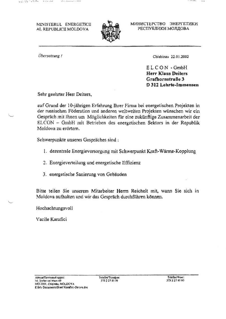 Schreiben des Energieministeriums der Republik Moldau