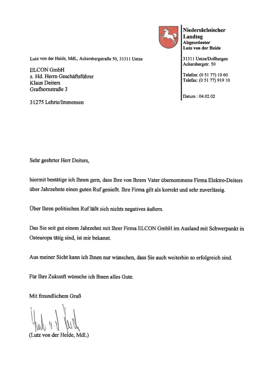 Schreiben von Lutz von der Heide MdL, Niedersächsischer Landtag