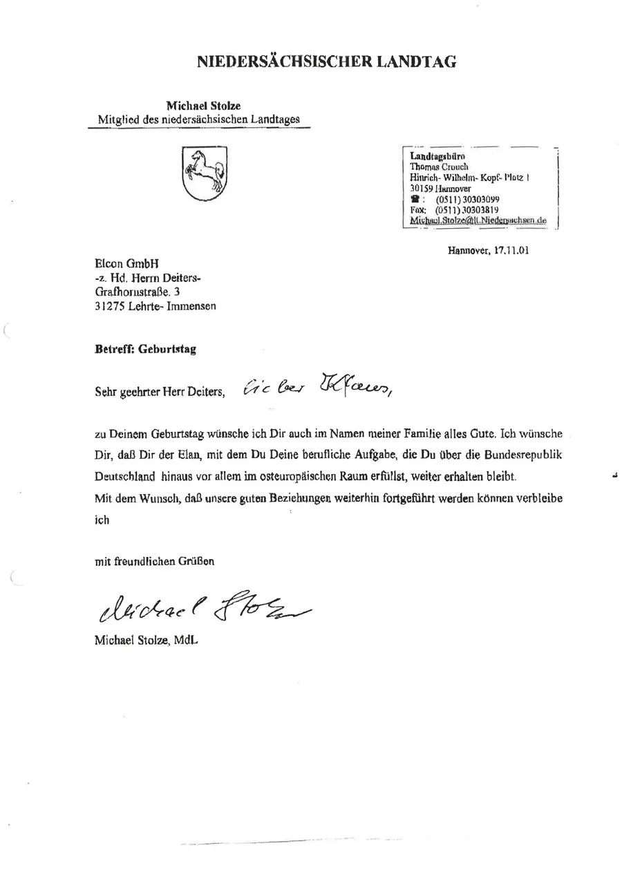 Schreiben von Michael Stolze MdL, Niedersächsischer Landtag