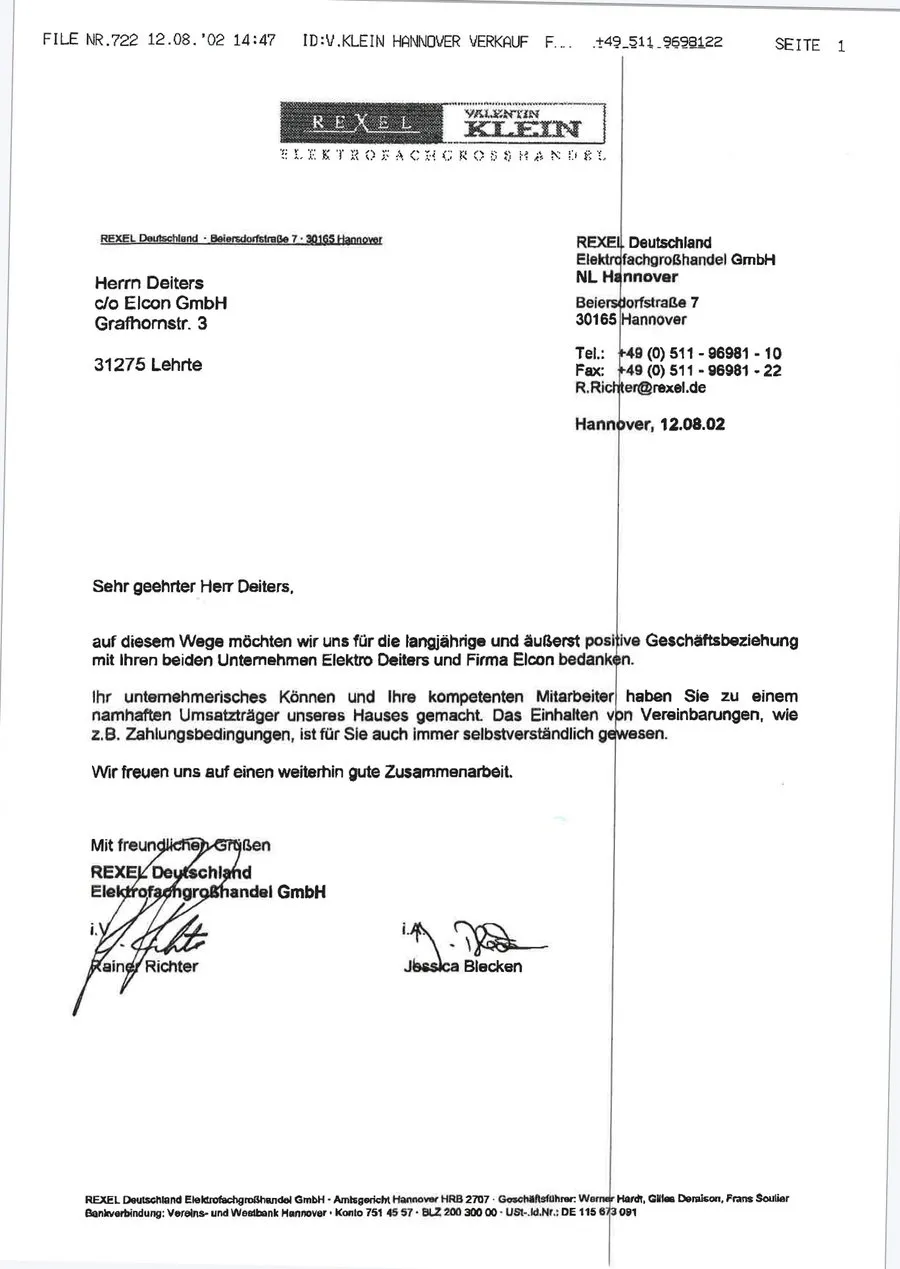 Dankschreiben REXEL Deutschland Elektrofachgroßhandel