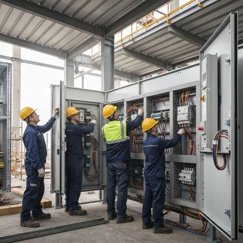 Vierköpfiges Montageteam bei der Installation eines Schaltschranks auf der Baustelle