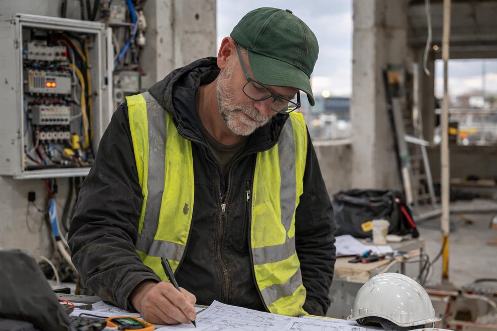 Techniker dokumentiert Messwerte an einer Schaltanlage auf der Baustelle