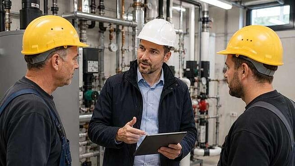 Techniker berät zwei Kollegen mit Tablet vor einer Heizungs- und Klimaanlage