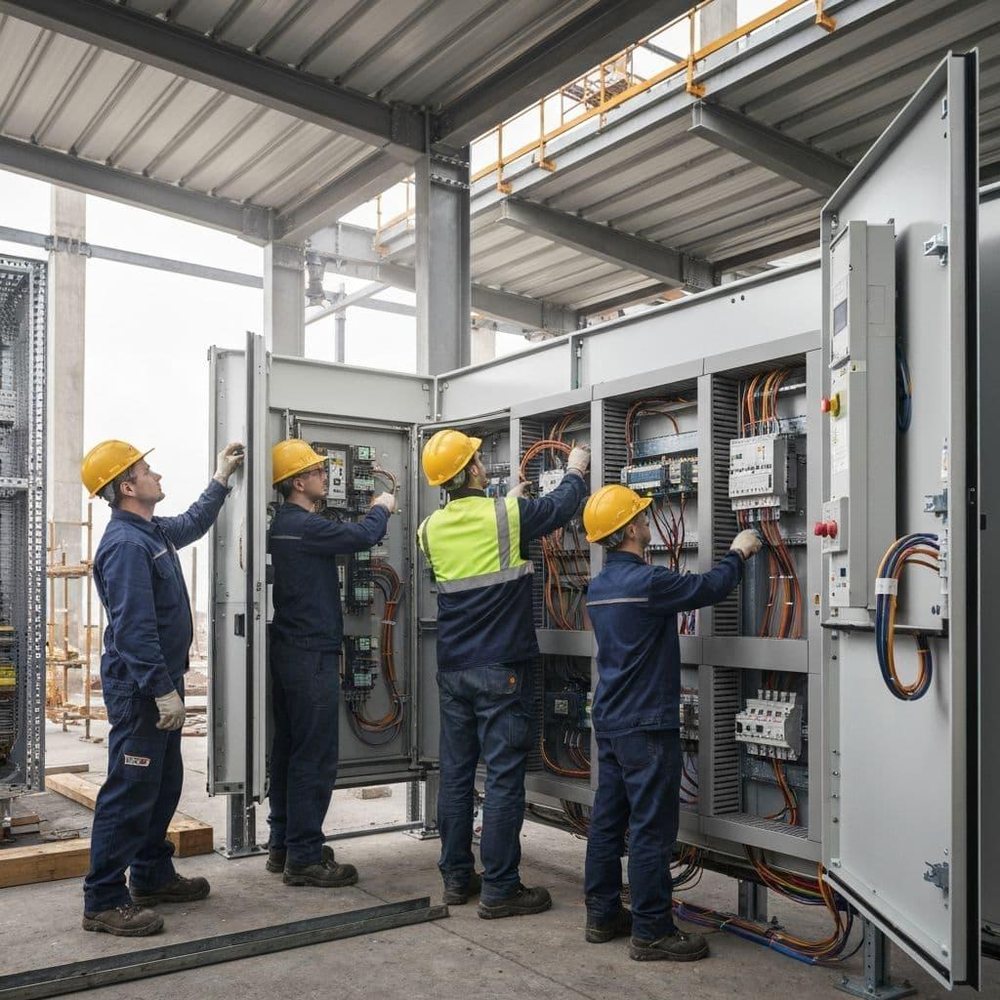 Vierköpfiges Montageteam bei der Installation eines Schaltschranks auf der Baustelle