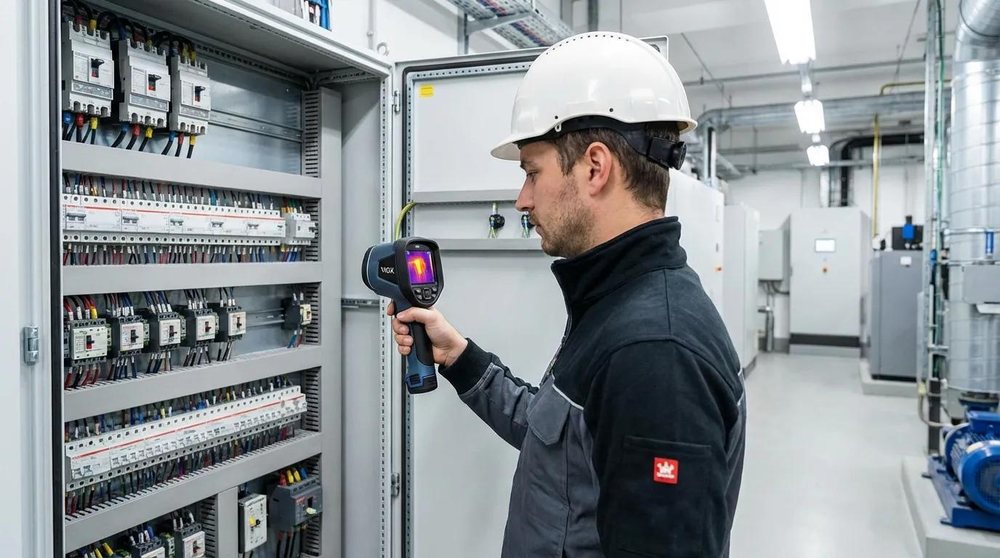 Techniker führt eine Thermografie-Inspektion an einer Schaltanlage durch
