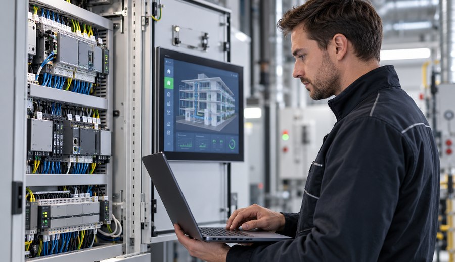 Technische Gebäudeausrüstung in einer Gewerbeimmobilie — Schaltschrank mit Gebäudeleittechnik