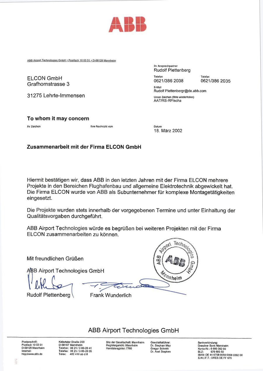 Bestätigung ABB Airport Technologies GmbH