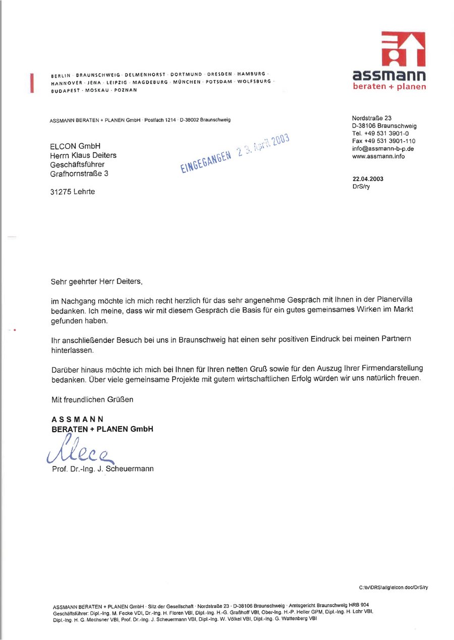 Schreiben ASSMANN BERATEN + PLANEN GmbH