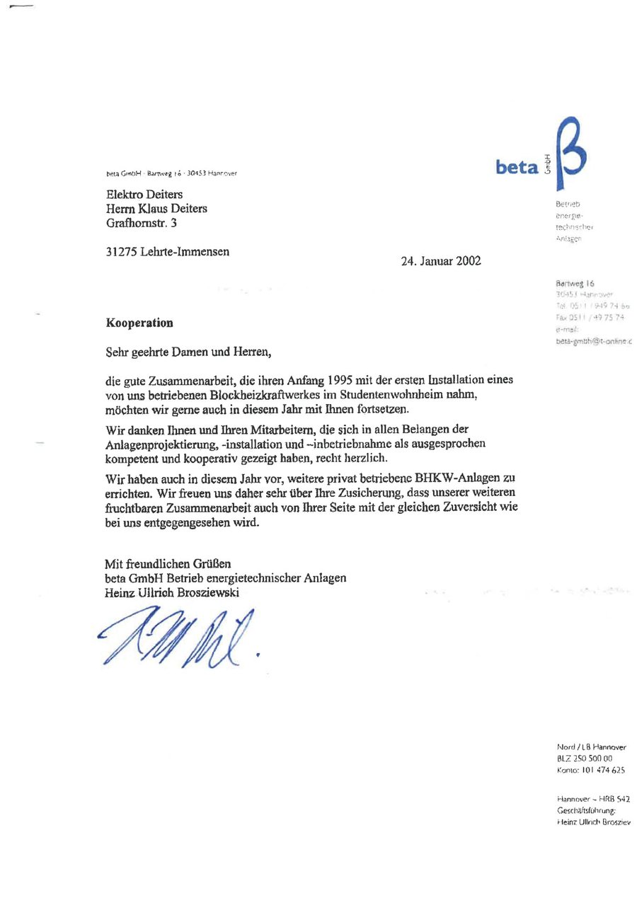 Dankschreiben beta GmbH Betrieb energietechnischer Anlagen