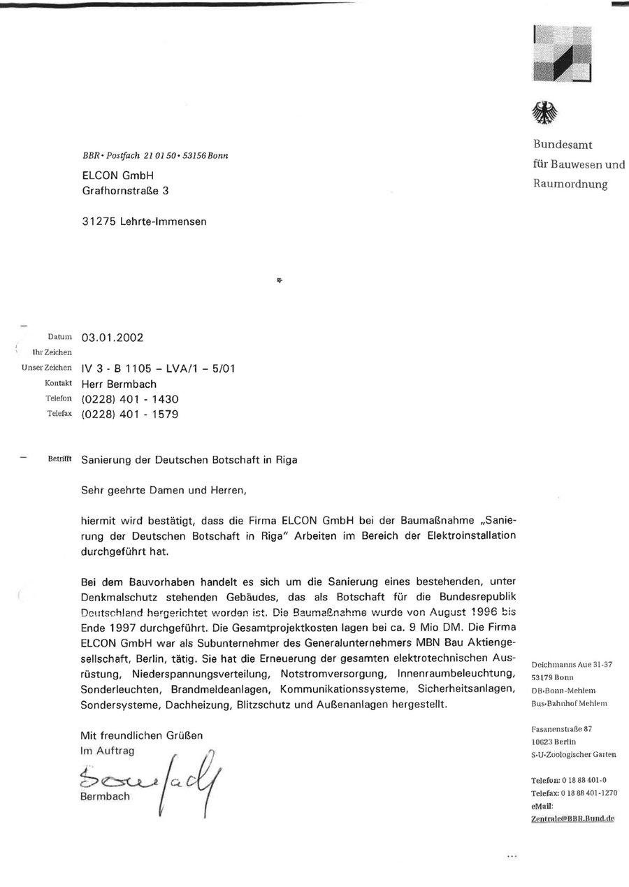 Bestätigung Bundesamt für Bauwesen und Raumordnung zur Sanierung der Deutschen Botschaft Riga
