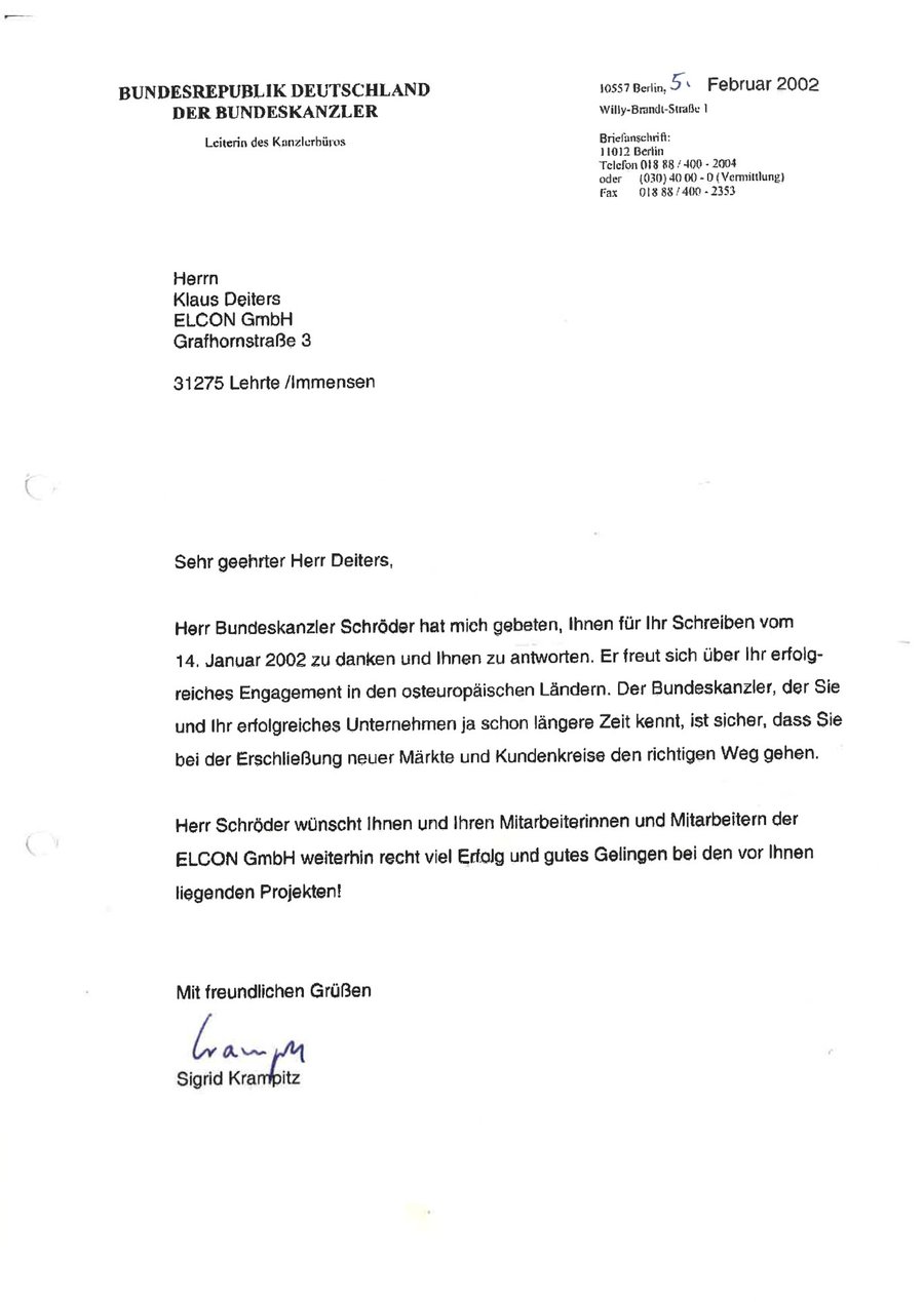 Schreiben aus dem Bundeskanzleramt im Auftrag von Bundeskanzler Schröder