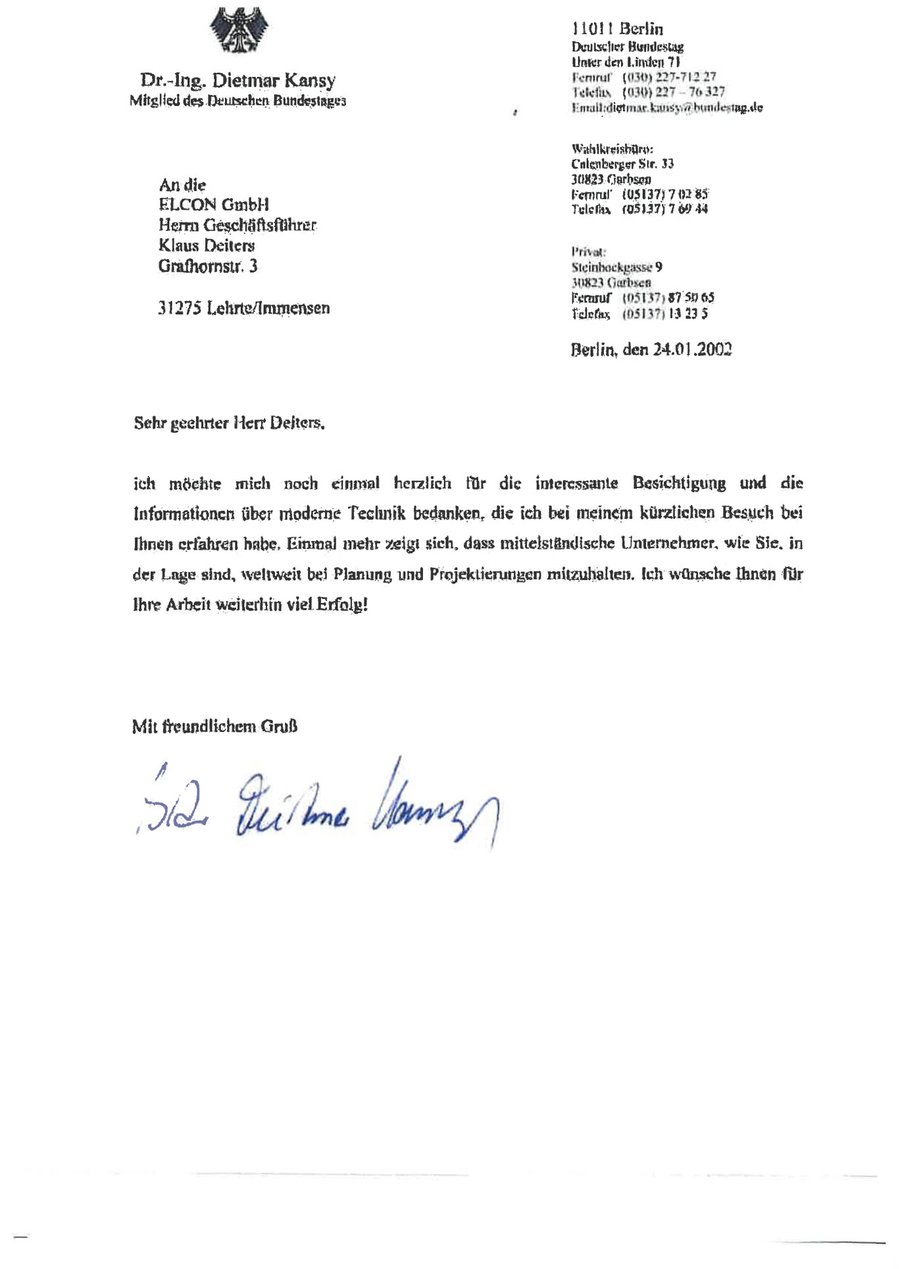 Schreiben von Dr.-Ing. Dietmar Kansy MdB, Deutscher Bundestag
