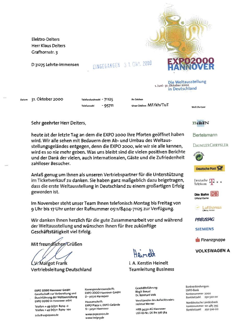 Dankschreiben EXPO 2000 Hannover GmbH für die Ticketvertriebs-Partnerschaft