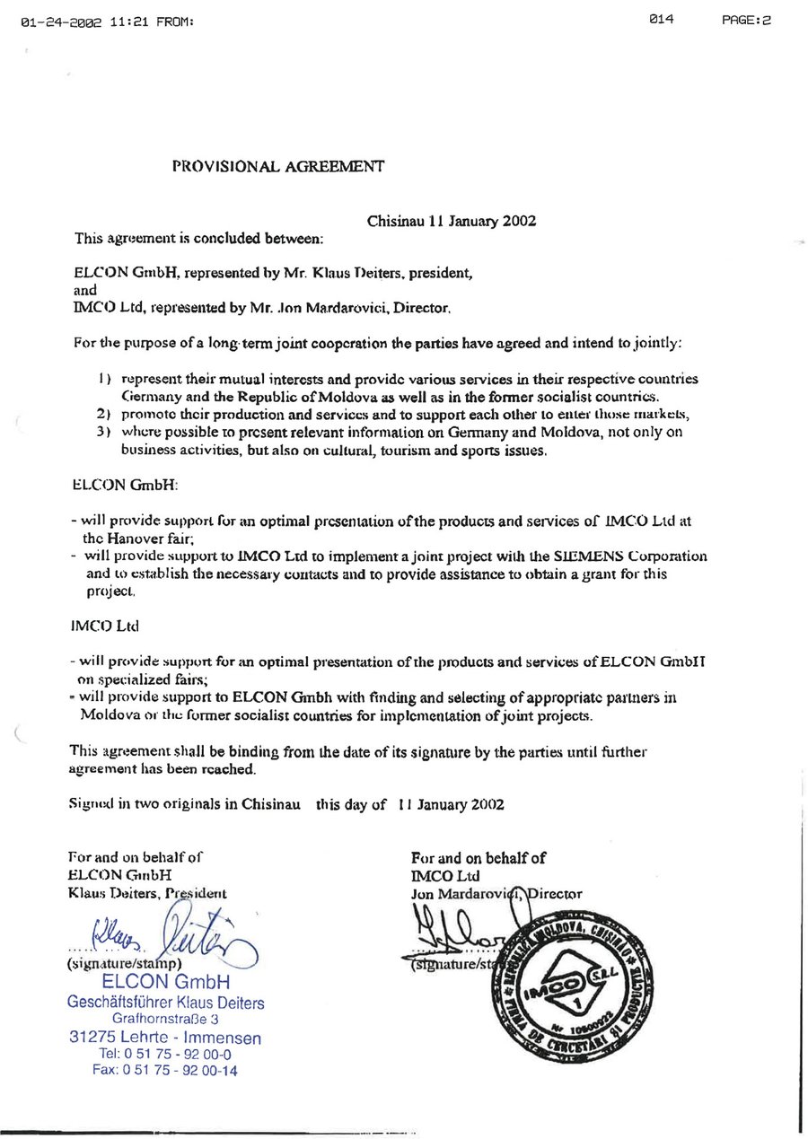 Kooperationsvereinbarung ELCON GmbH und IMCO Ltd, Chișinău