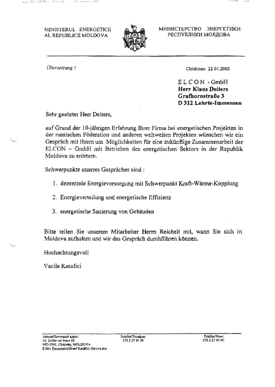 Schreiben des Energieministeriums der Republik Moldau