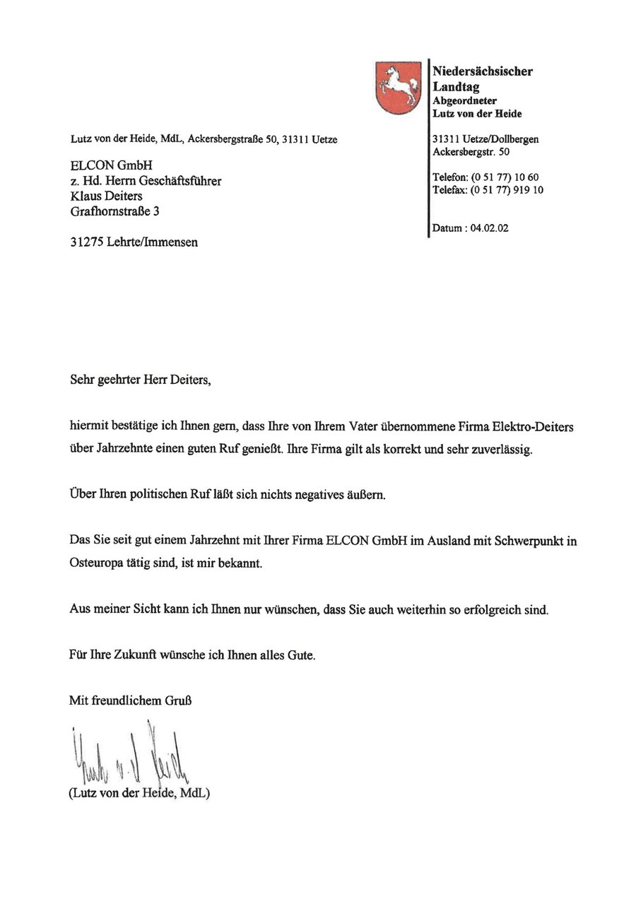 Schreiben von Lutz von der Heide MdL, Niedersächsischer Landtag