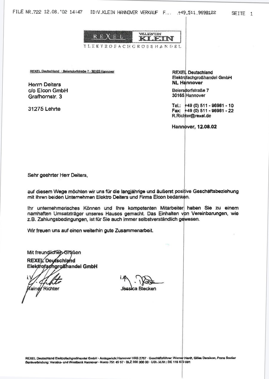 Dankschreiben REXEL Deutschland Elektrofachgroßhandel