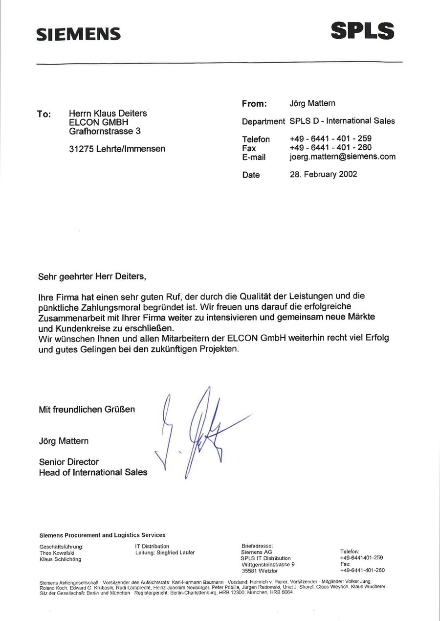 Dankschreiben Siemens Procurement and Logistics Services