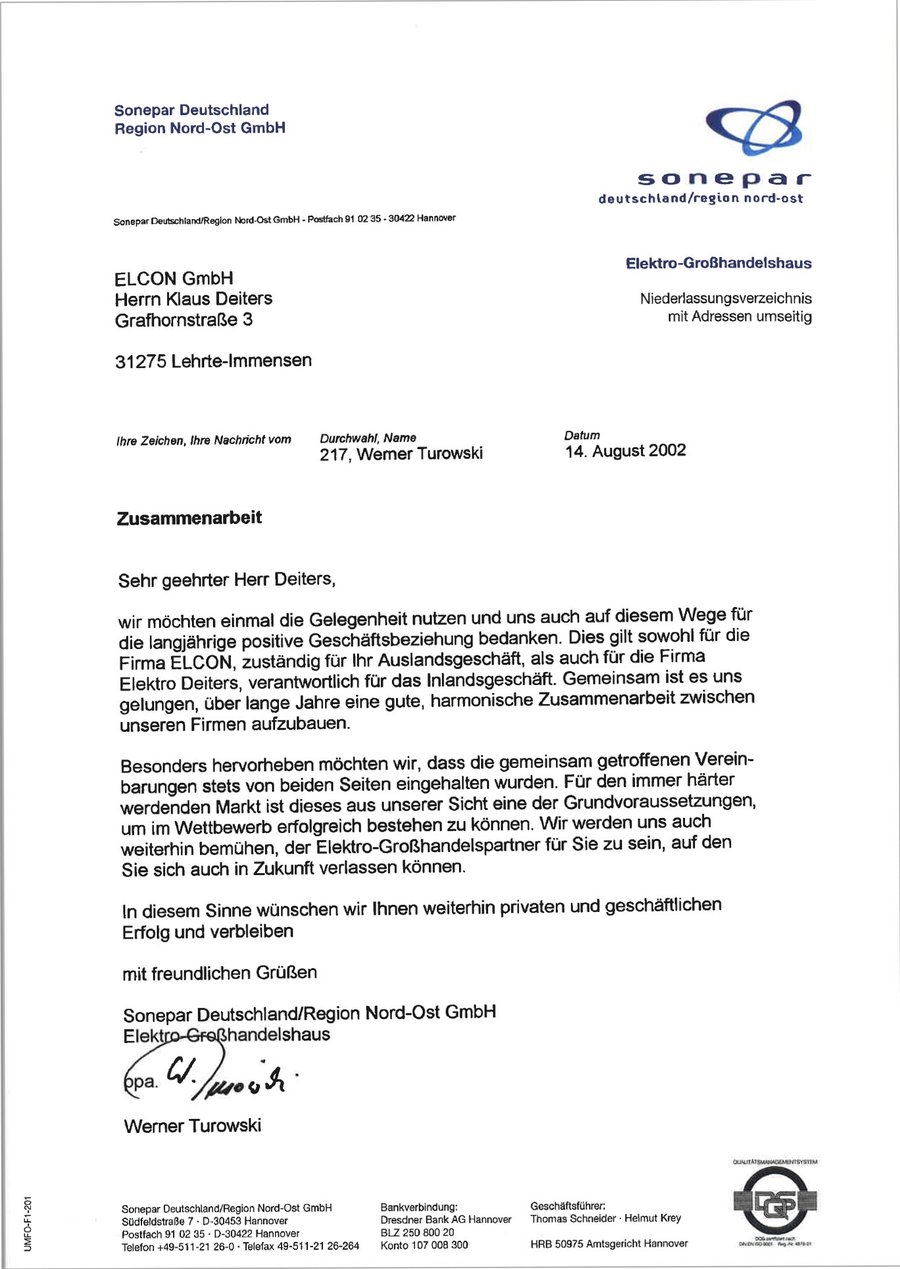Dankschreiben Sonepar Deutschland/Region Nord-Ost GmbH