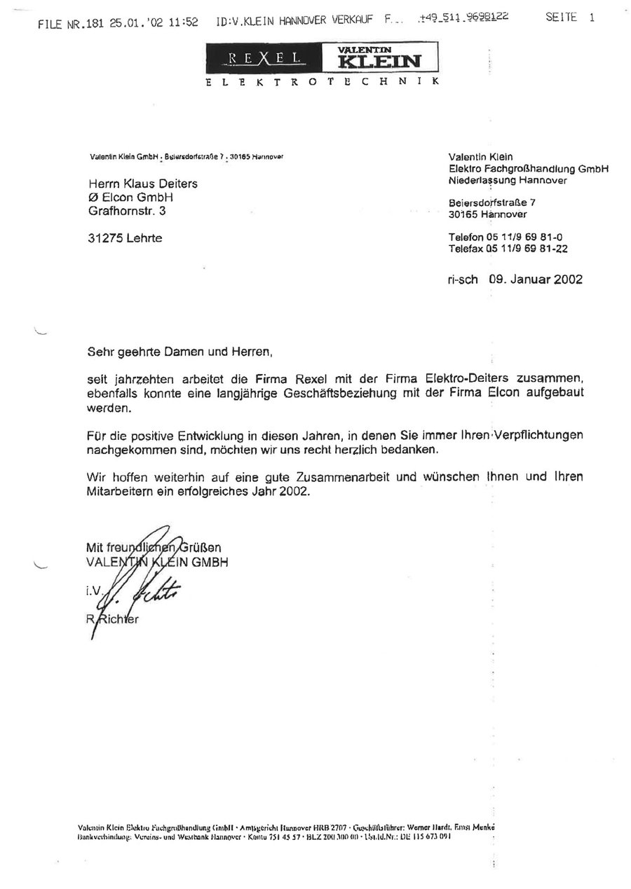 Dankschreiben Valentin Klein GmbH / Rexel Elektrotechnik