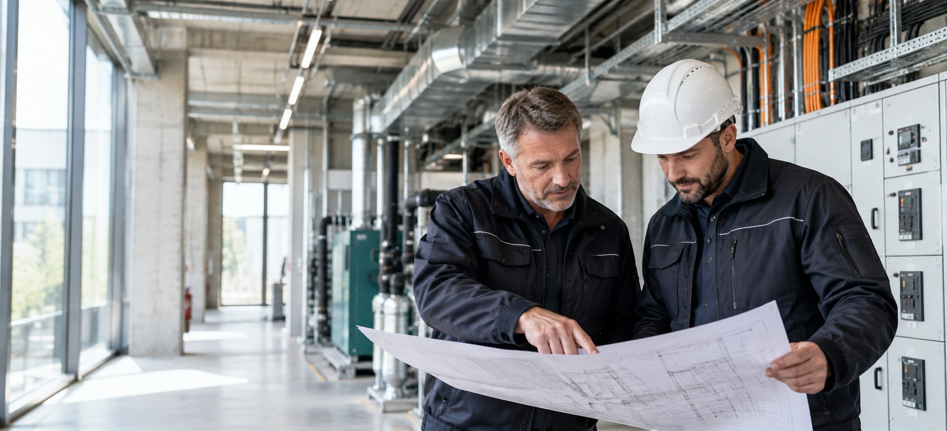 Zwei ELCON-Techniker besprechen einen Anlagenplan vor der technischen Gebäudeausrüstung